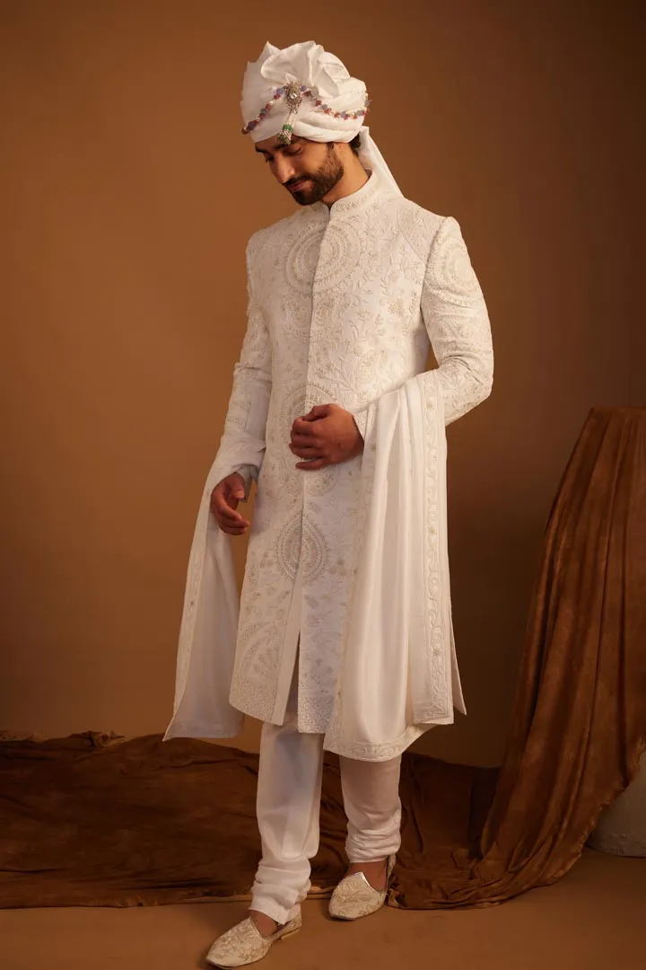 White Peony Sherwani Set