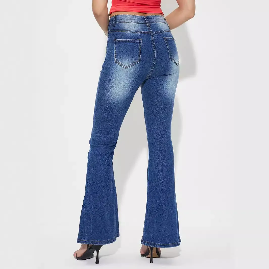 Women Clothing Casual All Match Horn High Elastic Denim Trousers